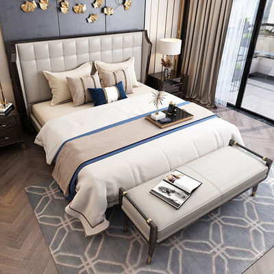 Buy Custom Hotel Bedroom Furniture Leather Solid Wood Bed Frame For Hotel Villa Home online manufacture