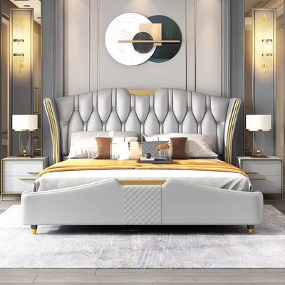 Customized King Size Bedroom Furniture Leather Solid Wood Bed