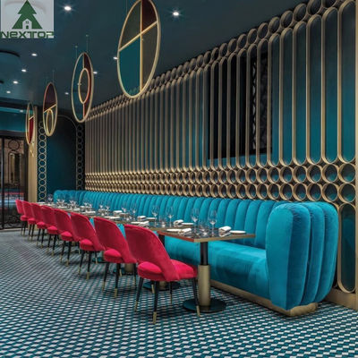Retro One Stop Solution Bar Restaurant Booth Seating Long Couch Railing Screen Wall Cabinet